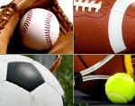 Sports Collage: Soccer Ball, Tennis Ball/Racket, Basketball, Football, Baseball/Glove
